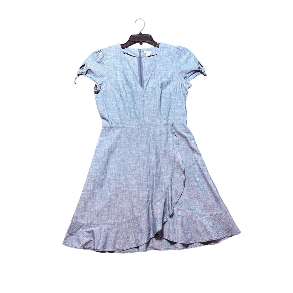 J.Crew Faux-Wrap Dress Women 6 Blue Excellent Chambray Ruffle Tie Sleeve